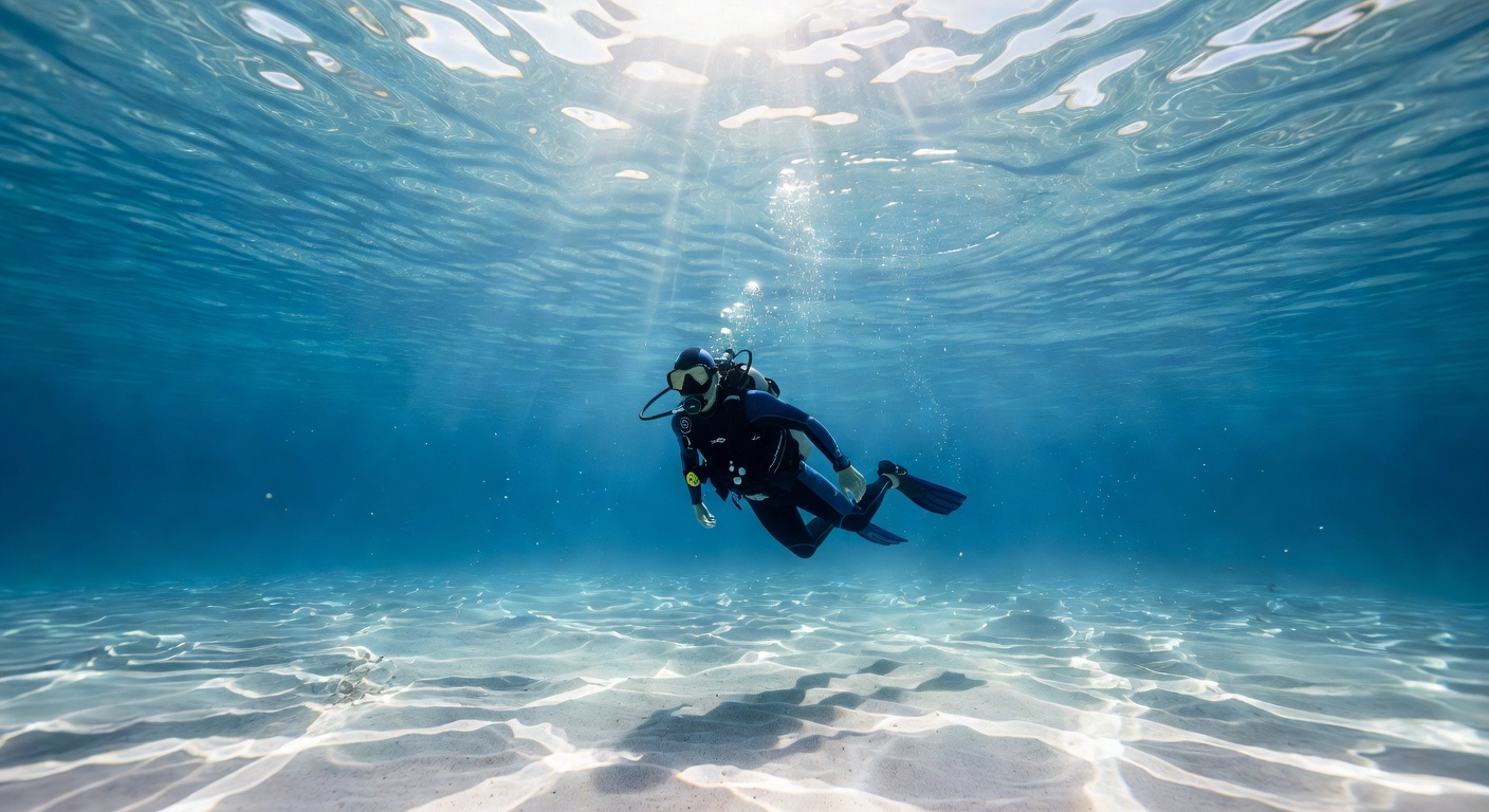 Clear tropical deep ocean water background with light refraction